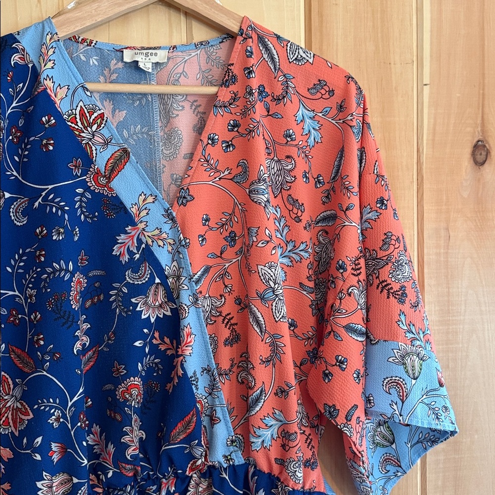 Umgee Boho Split Print Floral Wrap Romper – Blue & Coral Large